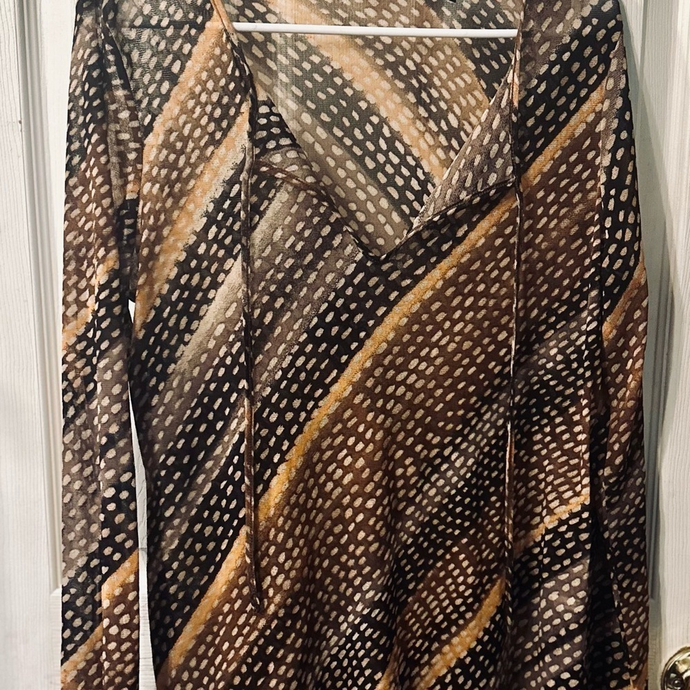 New York & Company Size Large Women’s Sheer Elegant Brown & Black Patterned Top